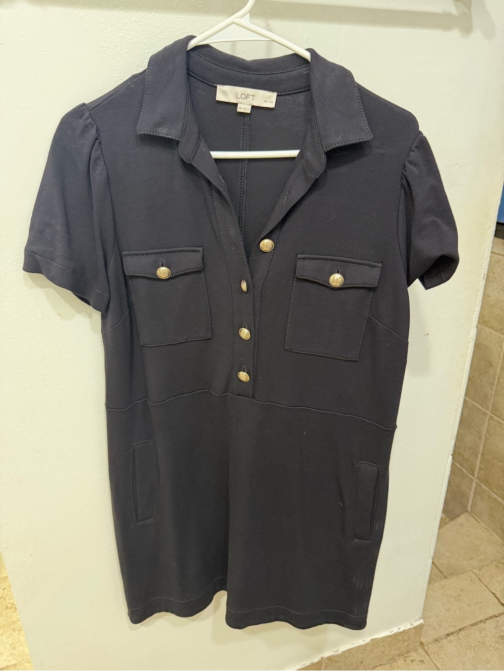 LOFT Navy Short-Sleeve Polo Dress with Gold Buttons